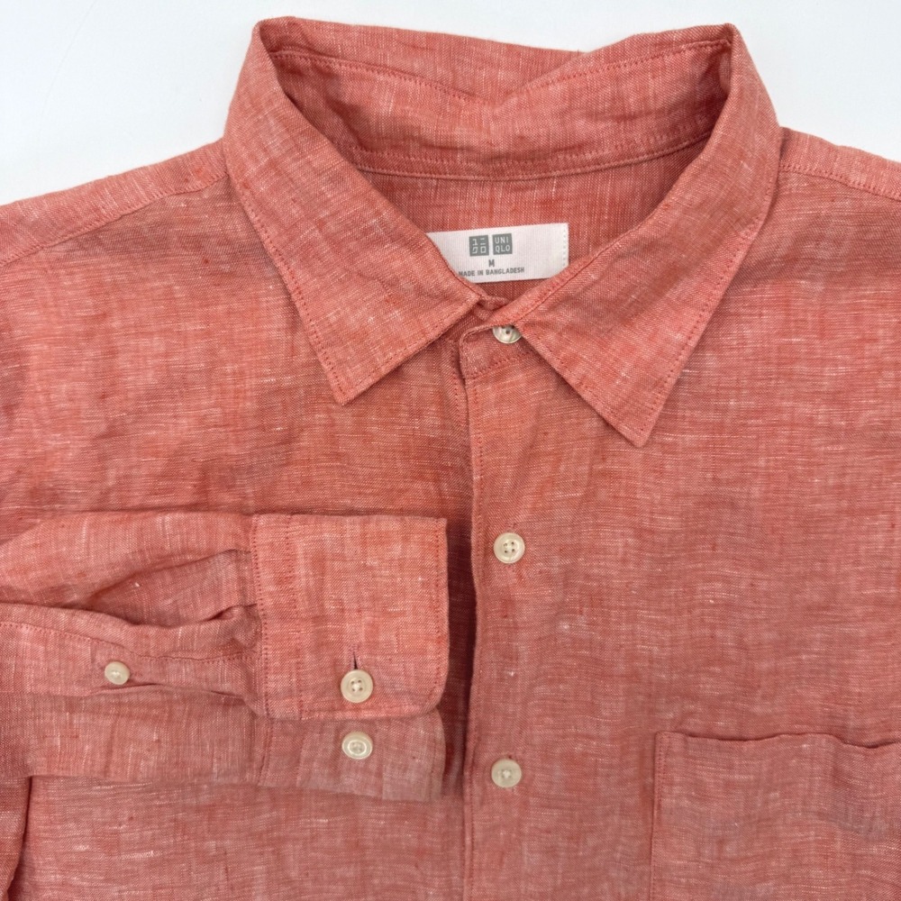 Uniqlo Button Up Shirt Mens M Orange Premium Linen Long Sleeve 331-464932 Solid